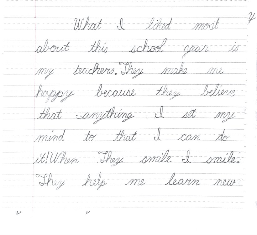 Student one in spring: fluent cursive about teachers who believe in her